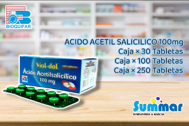 Viol-Dol 100mg Caja x 100 Tabletas (Acido Acetilsalicilico) BIOQUIFAR