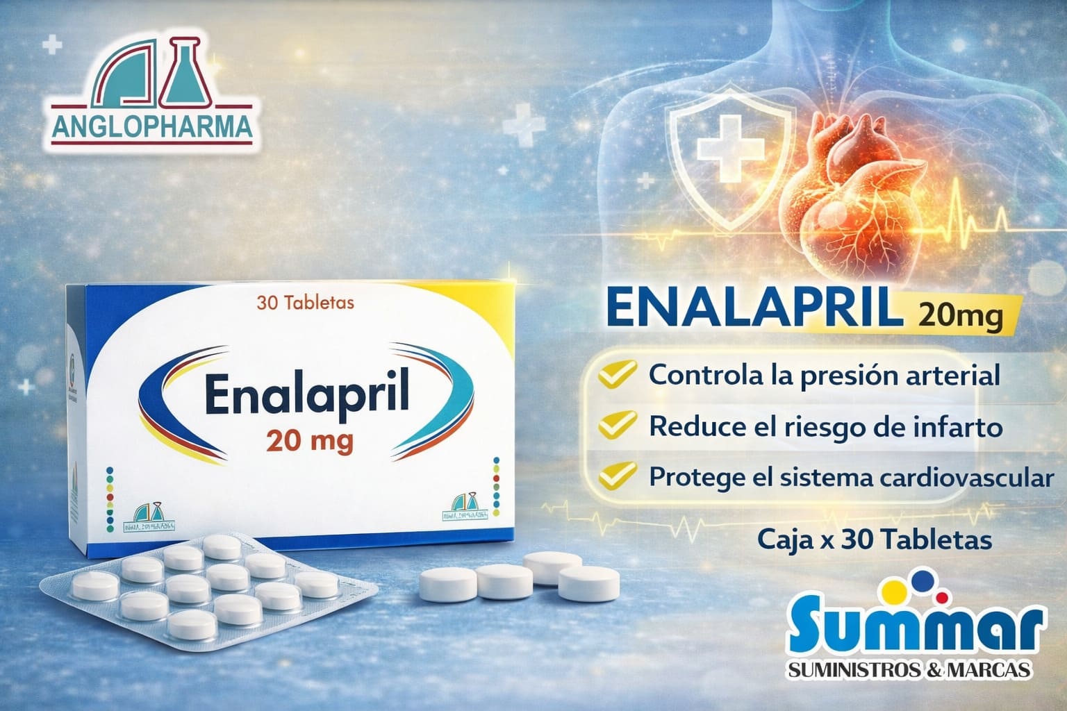 Enalapril Maleato 20mg Caja x 30 Tabletas ANGLOPHARMA