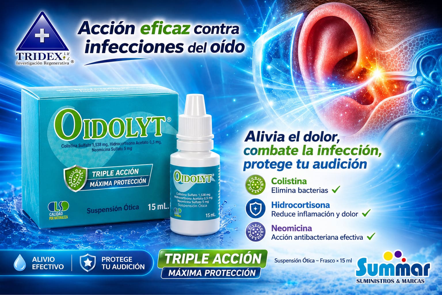 Oidolyt® Suspensión Ótica Frasco x 15ml (Colistina Sulfato Hidrocortisona Acetato Neomicina Sulfato) TRIDEX