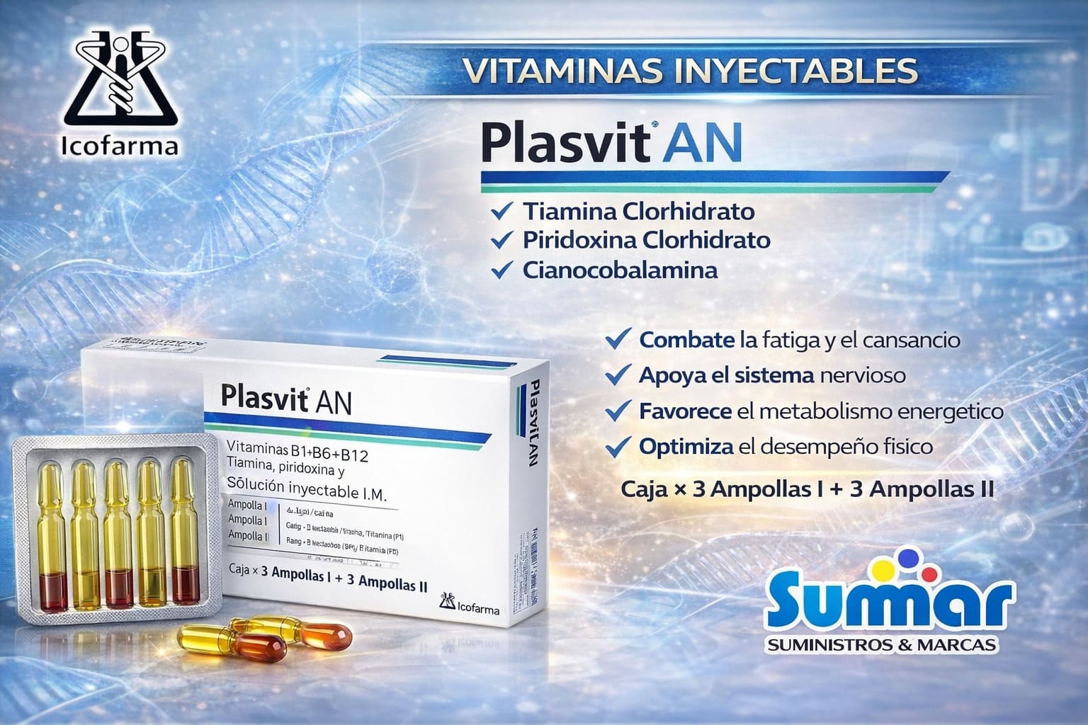 Plasvit® AN Inyectable Caja x 3 Ampollas I + 3 Ampollas II (Vitamina B1+B6 ?B12)
