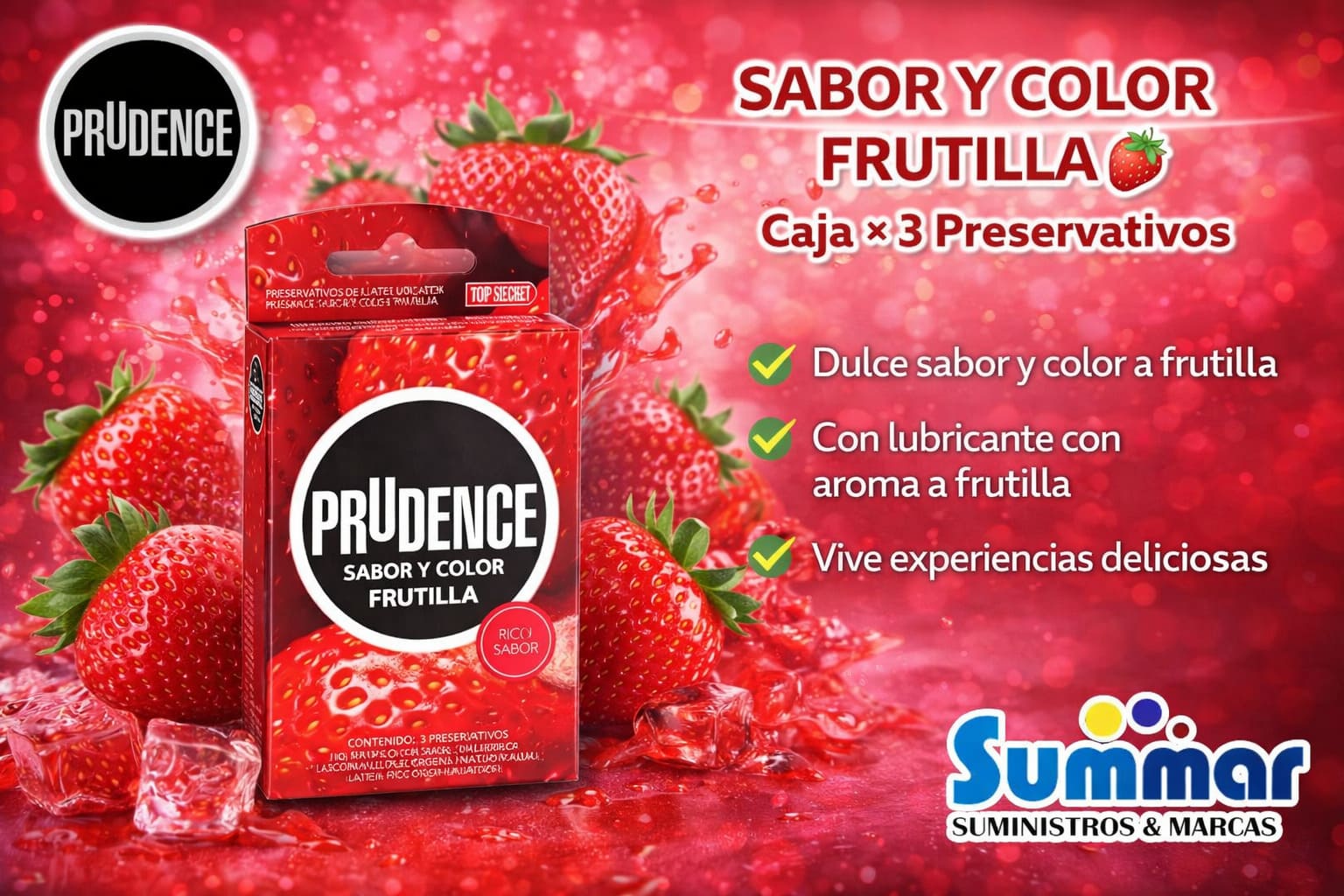 Preservativo Prudence Sabor y Color Frutilla Caja x 3 Unidades DKT