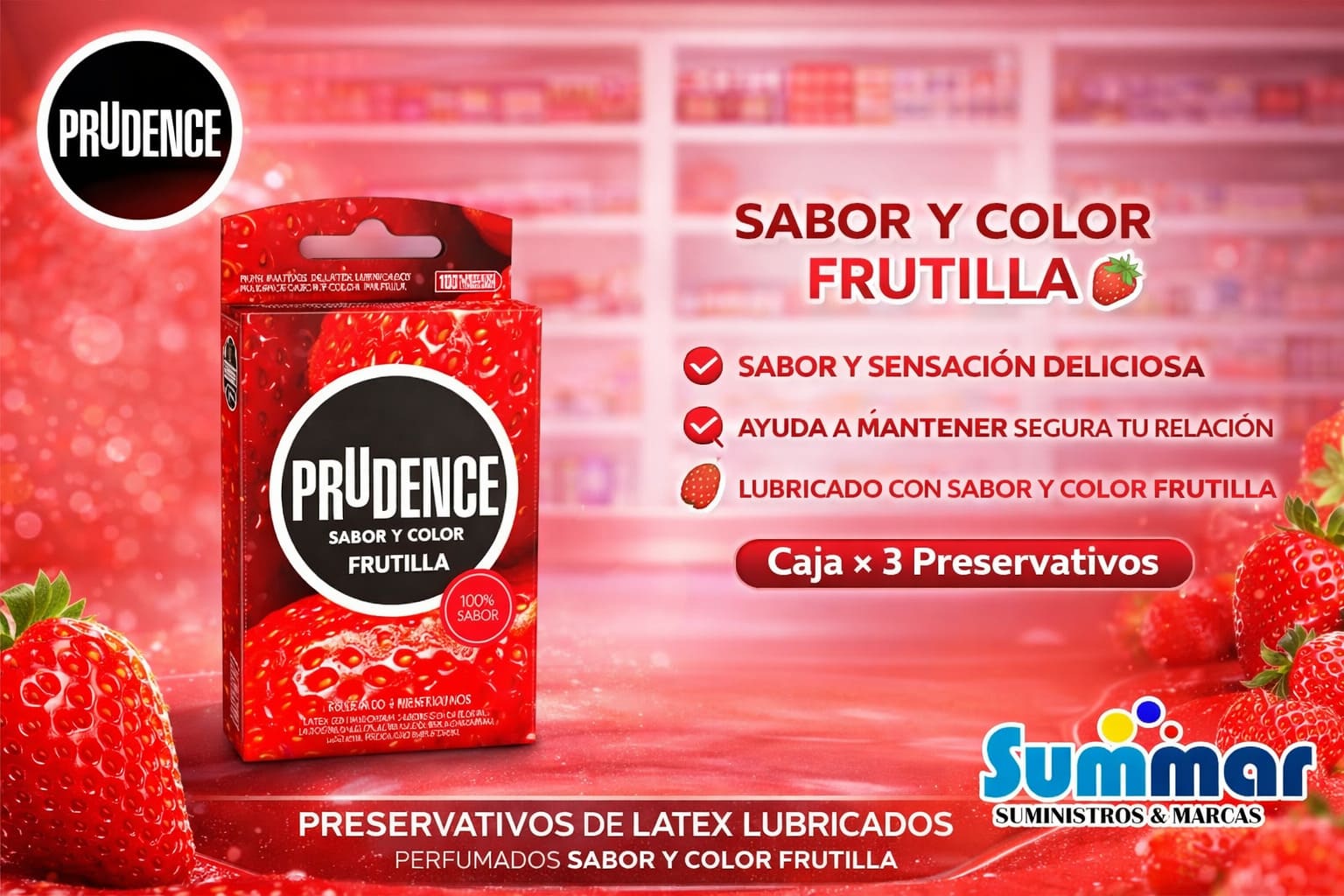 Preservativo Prudence Sabor y Color Frutilla Caja x 3 Unidades DKT
