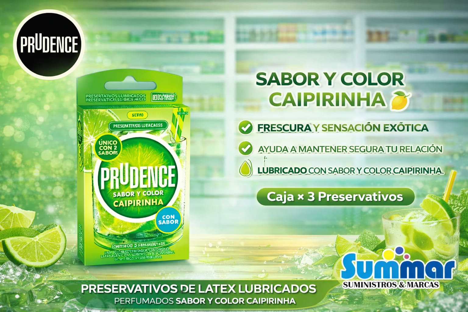 Preservativo Prudence Sabor y Color Caipirinha Caja x 3 Unidades DKT