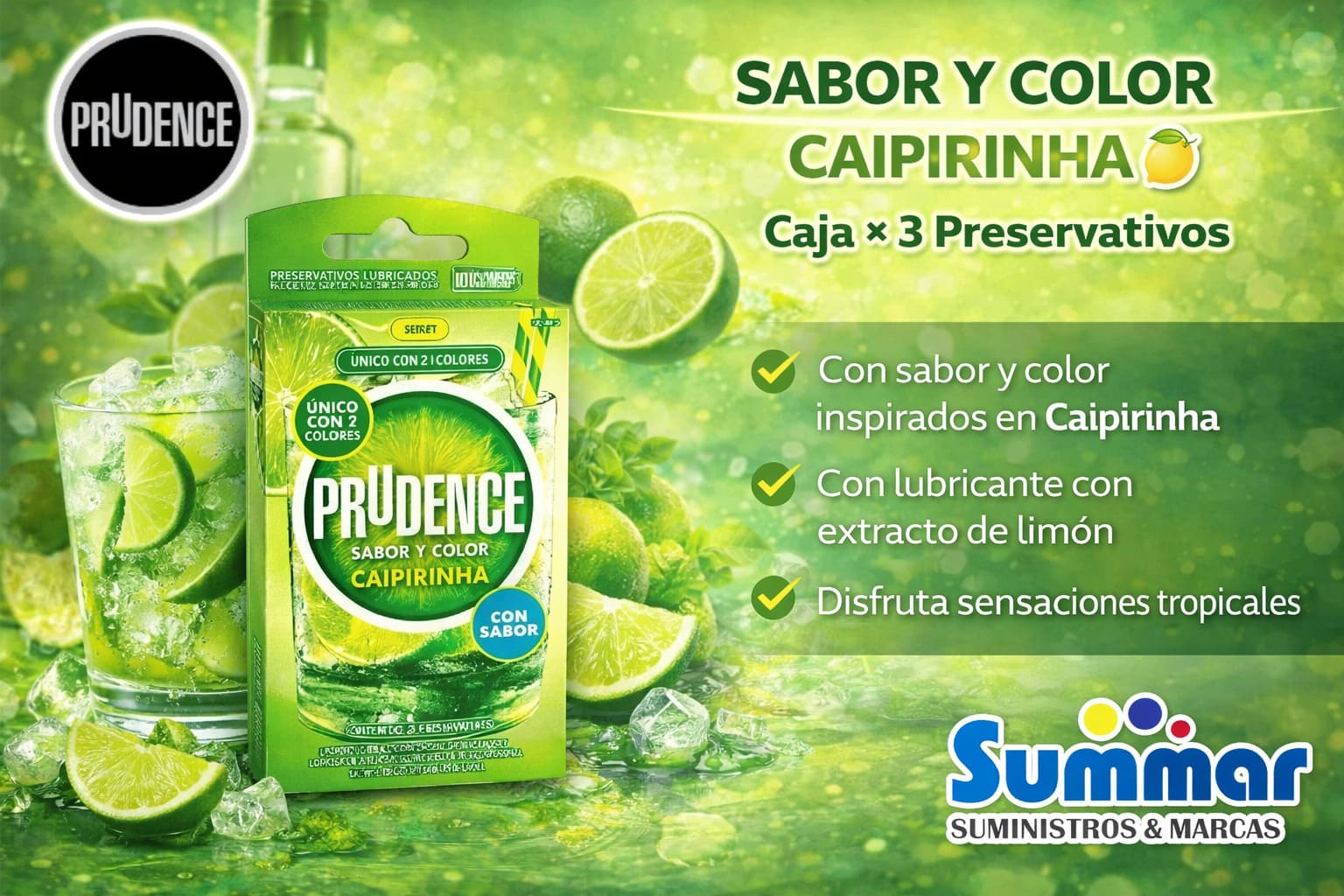 Preservativo Prudence Sabor y Color Caipirinha Caja x 3 Unidades DKT