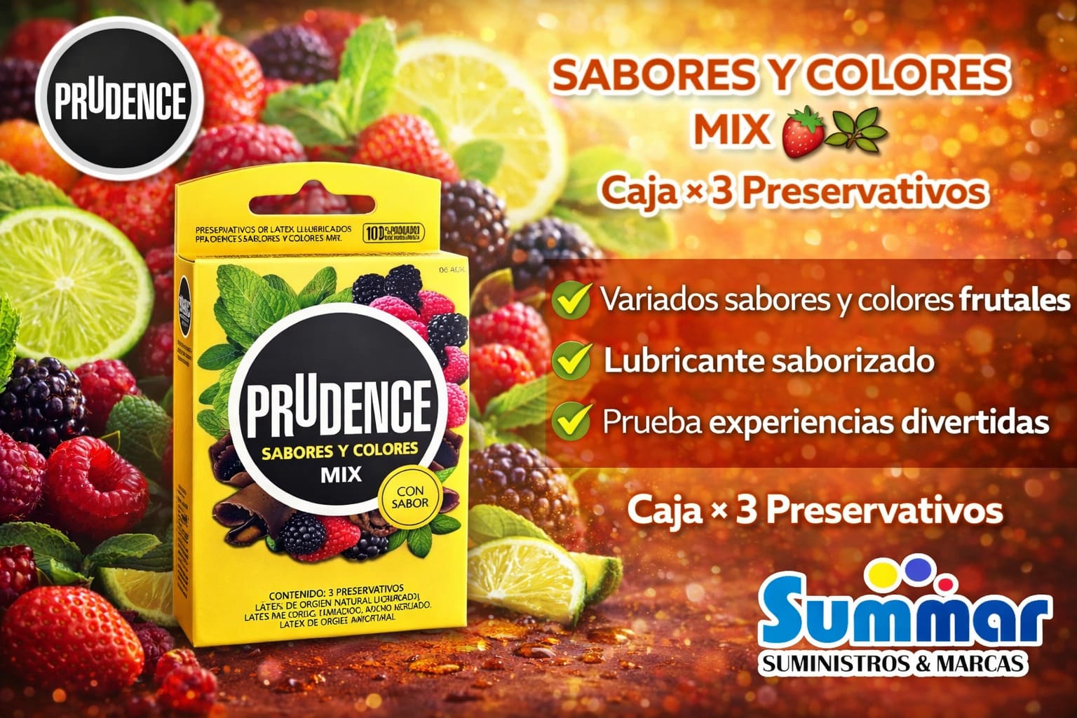 Preservativo Prudence Sabores y Colores Mix Caja x 3 Unidades DKT
