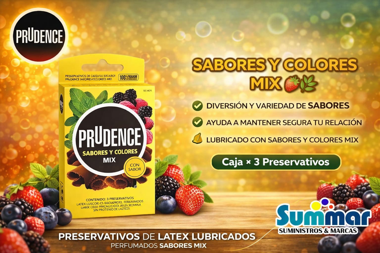 Preservativo Prudence Sabores y Colores Mix Caja x 3 Unidades DKT