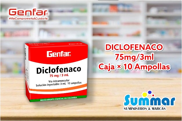 Diclofenaco Sódico 75mg/3ml Solución Inyectable Caja x 10 Ampollas GENFAR