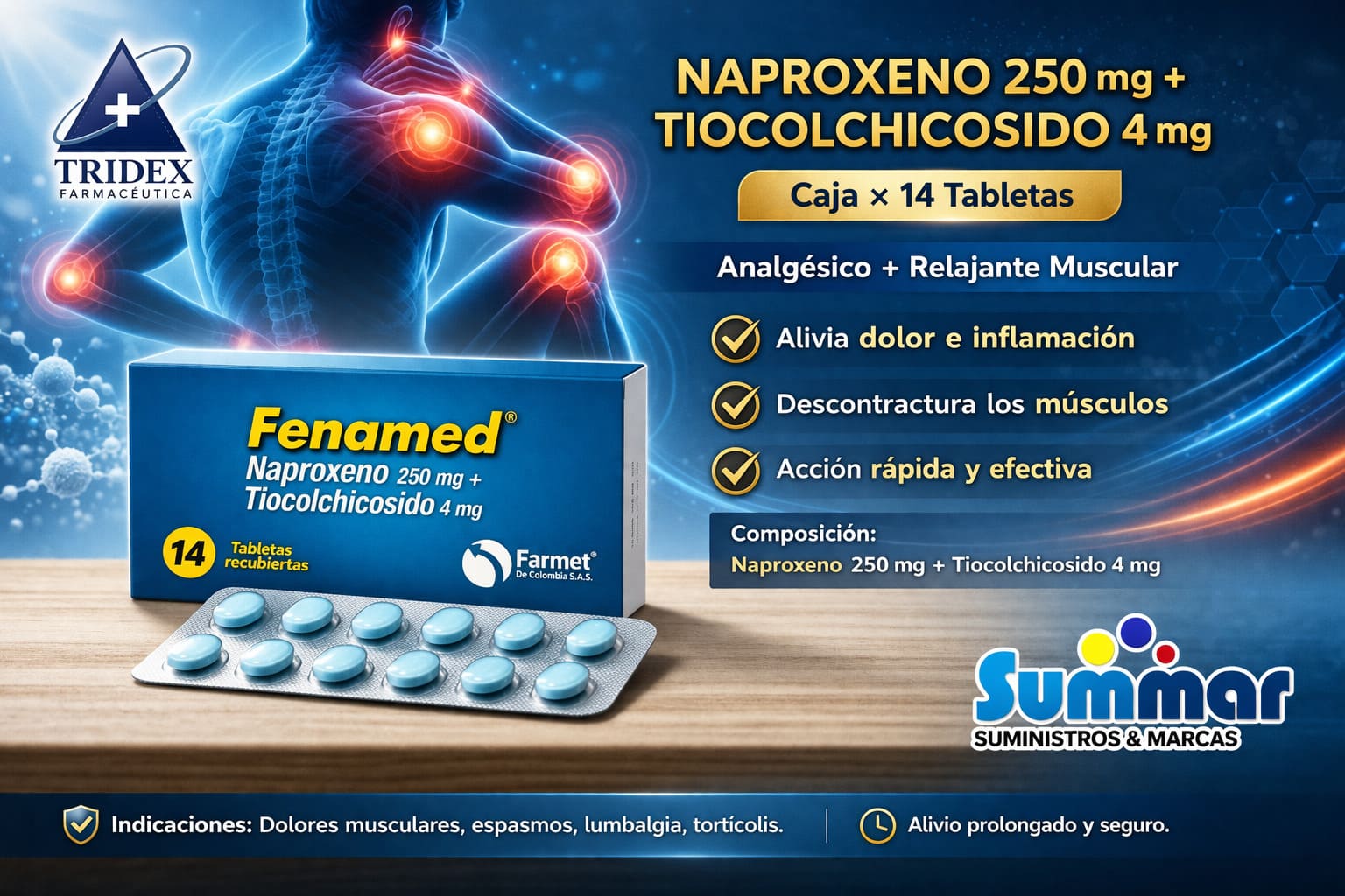 Fenamed® Caja x 14 Tabletas Recubiertas (Naproxeno + Tiocolchicosido) TRIDEX