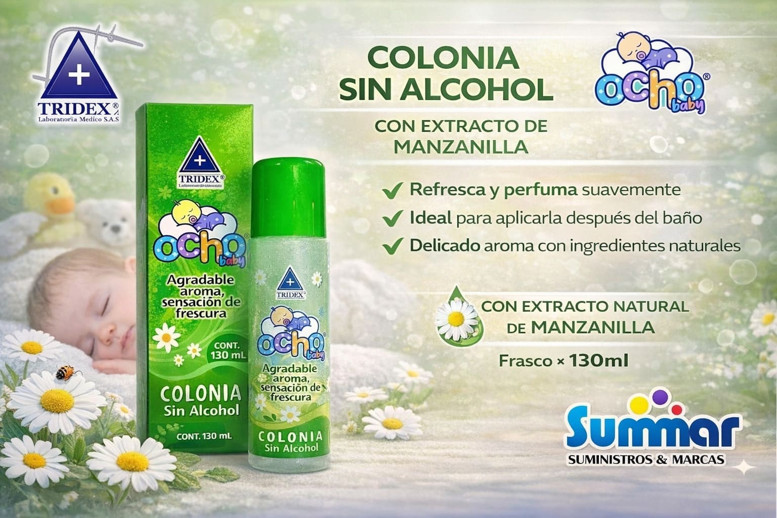 Colonia Ocho Baby Frasco x 130ml (sin alcohol con extracto de manzanilla) TRIDEX