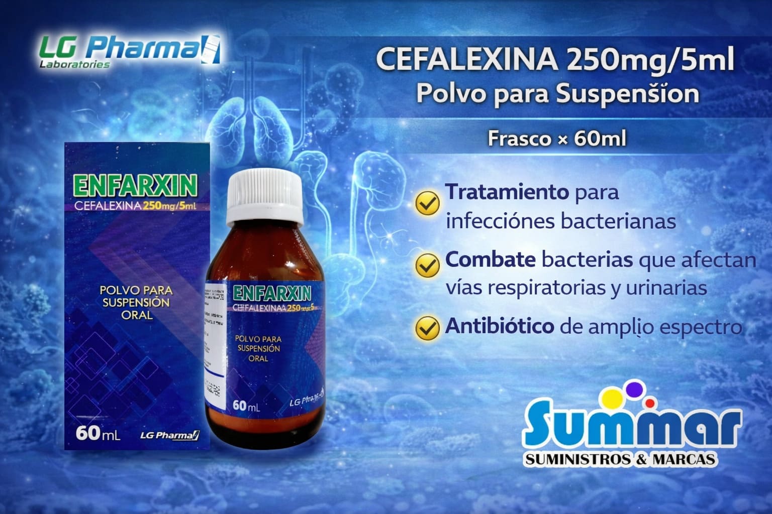 Enfarxin 250mg/5ml Polvo para Suspensión Frasco x 60ml (Cefalexina) LG-PHARMA