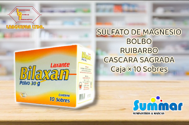 Bilaxan Polvo Laxante Caja x 10 Sobres (Sulfato de Magnesio Bolbo Ruibarbo Cascara Sagrada) LABQUIFAR