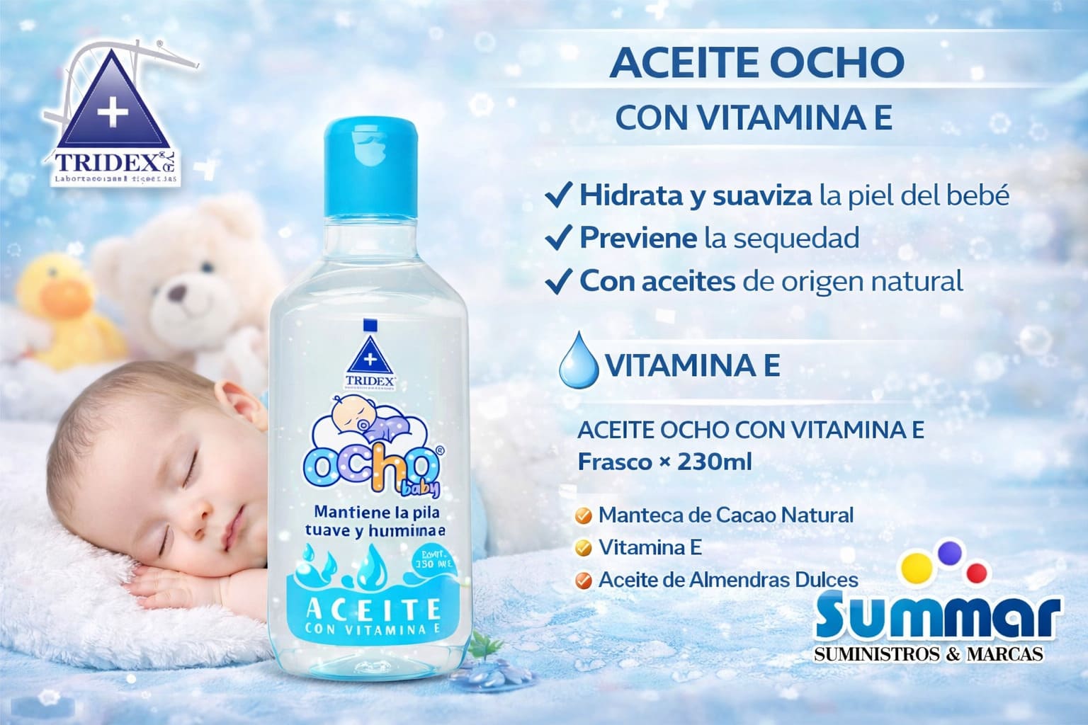Aceite con Vitamina E Ocho Baby Frasco x 230ml (con Vitamina E) TRIDEX