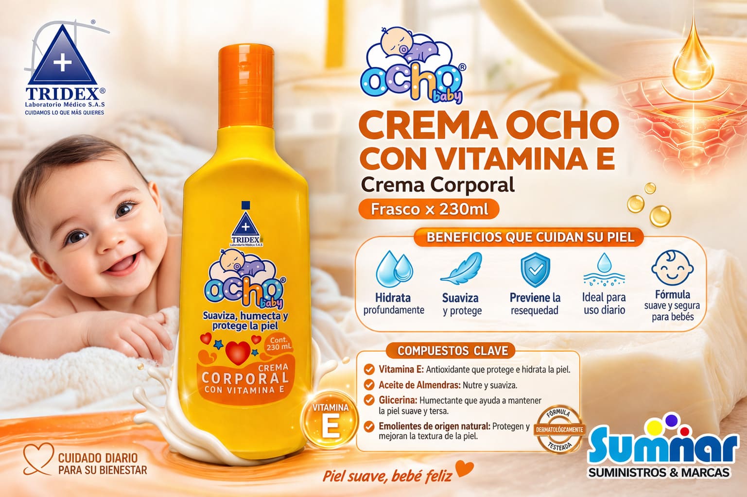 Crema Liquida Corporal con Vitamina E Ocho Baby Frasco x 230ml (con Vitamina E) TRIDEX