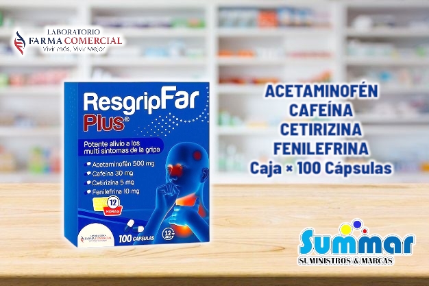 ResgrIpFar Plus® Caja x 100 Cápsulas (Acetaminofén Cafeína Cetirizina Fenilefrina)  FARMA COMERCIAL