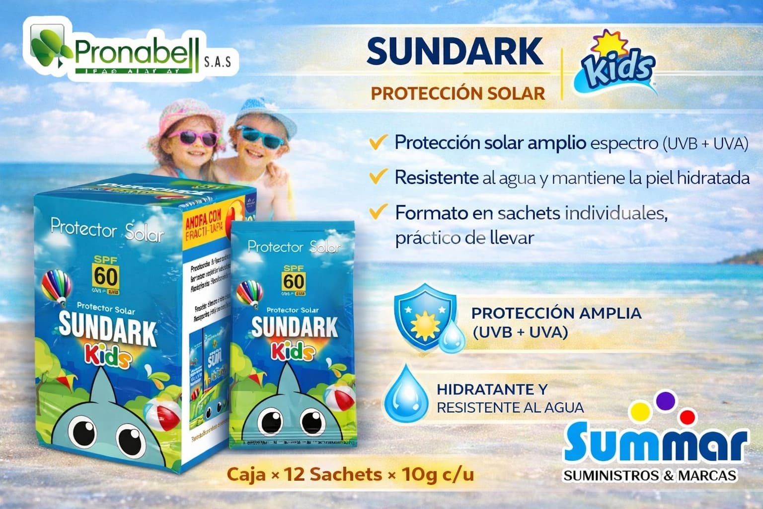 Protector Solar Sundark® Kids SPF60 Caja x 12 Sachets x 10g PRONABELL