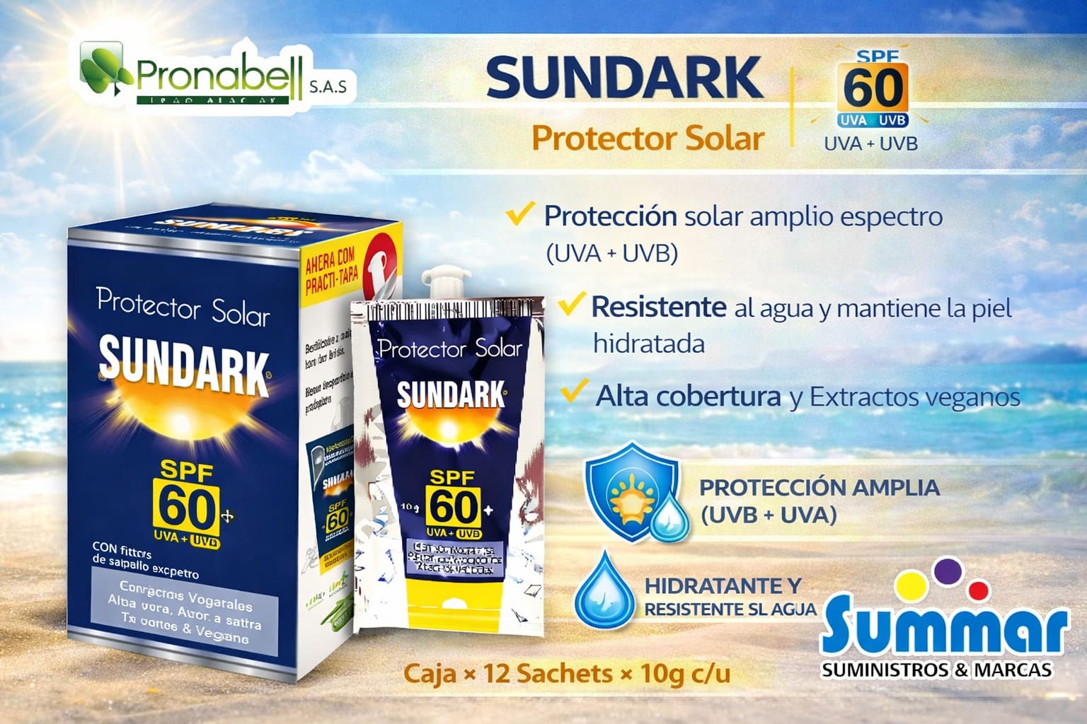 Protector Solar Sundark® Adultos SPF60 Caja x 12 Sachets x 10g PRONABELL