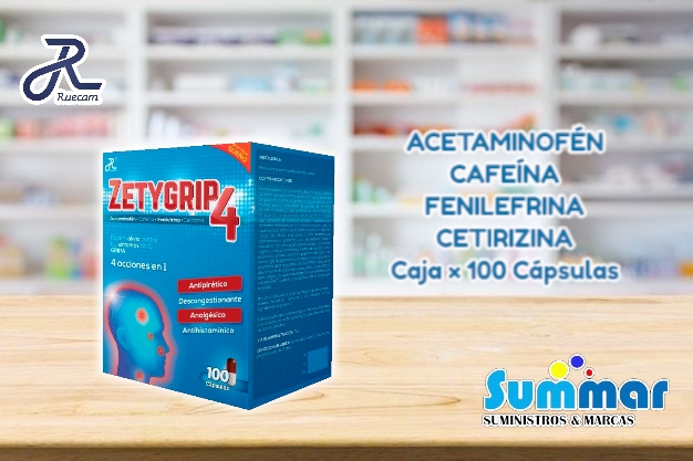 Zetygrip 4 Caja x 100 Cápsulas (Acetaminofén Cafeina Fenilefrina Cetirizina) RUECAM