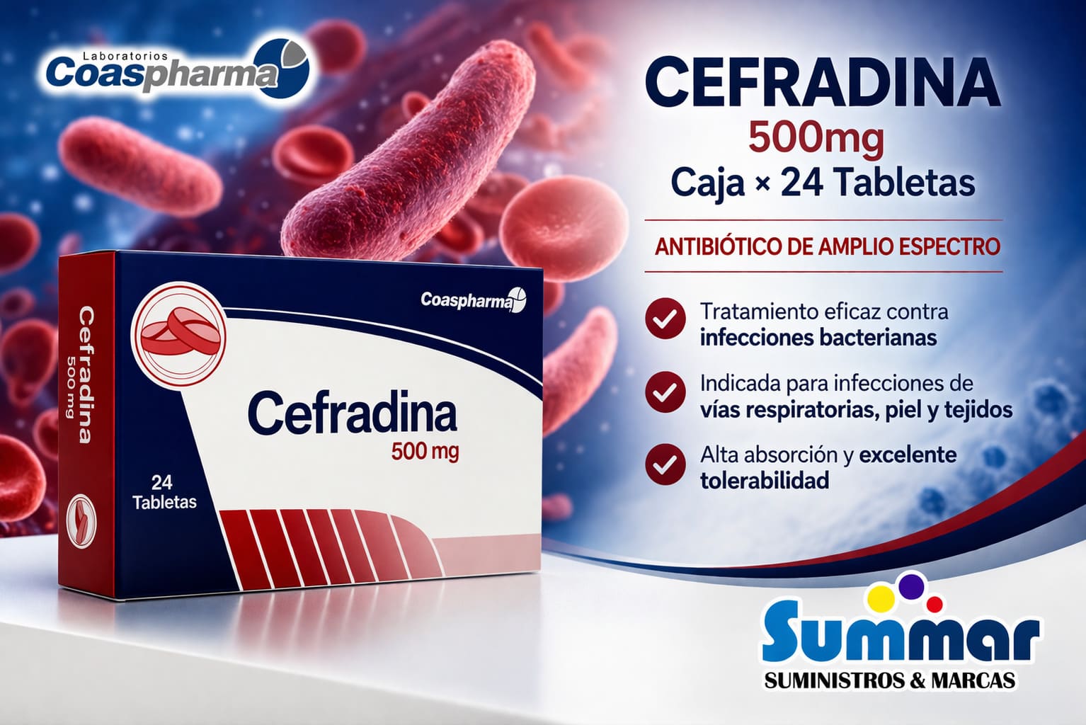 Cefradina 500mg Caja x 24 Tabletas COASPHARMA