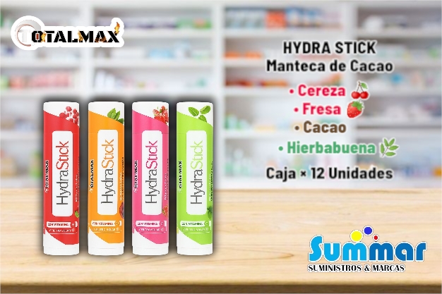 HydraStick Manteca de Cacao con Vitamina E (Cacao, Cereza, Fresa, Hierbabuena) Caja x 12 Unidades TOTALMAX
