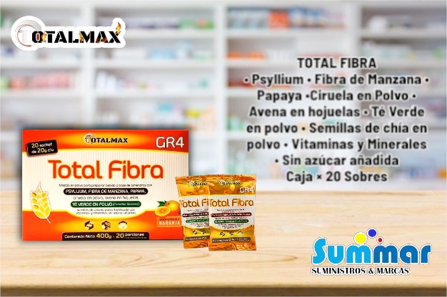 Total Fibra Cja x 20 Sachets x 20g (Psyllium, Fibra de Manzana, Papaya, Ciruela, Avena en hojuelas, Te verde, Semillas de Chía, Vitaminas y minerales) TOTALMAX