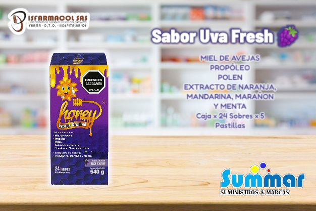 Honey Lyptus Original Uva Fresh Caja x 24 Sobres x 5 Pastillas (Miel de abejas Propóleo Polen Extracto de Naranja MAndarina Marañon y Menta) DISFARMACOL