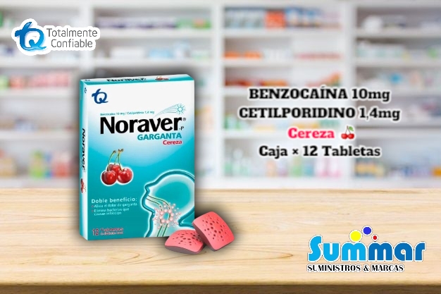 Noraver® Garganta Cereza Caja x 12 Tabletas (Benzocaína Cetilpiridino) TQ