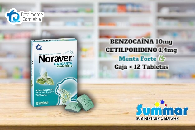 Noraver® Garganta Menta Forte Caja x 12 Tabletas (Benzocaína Cetilpiridino) TQ