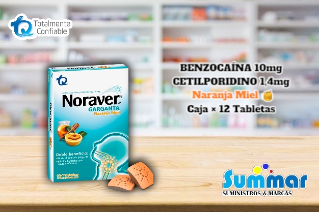 Noraver® Garganta Naranja Miel Caja x 12 Tabletas (Benzocaína Cetilpiridino) TQ