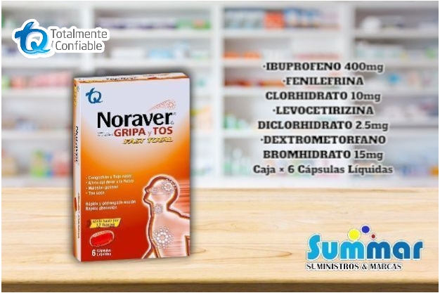 Noraver® Gripa y Tos Fast Total Caja x 6 Cápsulas (Ibuprofeno Fenilefrina Clorhidrato Levocetirizina Dextrometorfano Bromhidrato) TQ