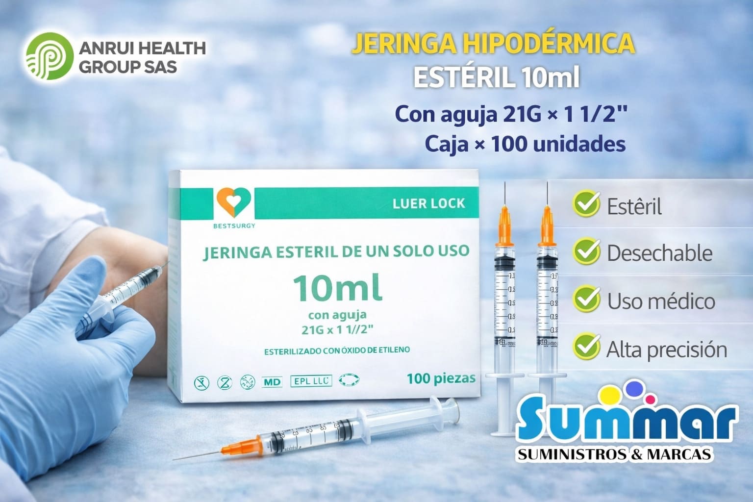 Jeringa Hipodérmica Estéril 10ml con aguja 21G x 1 1/2 Caja x 100 Unidades BESTSURGY