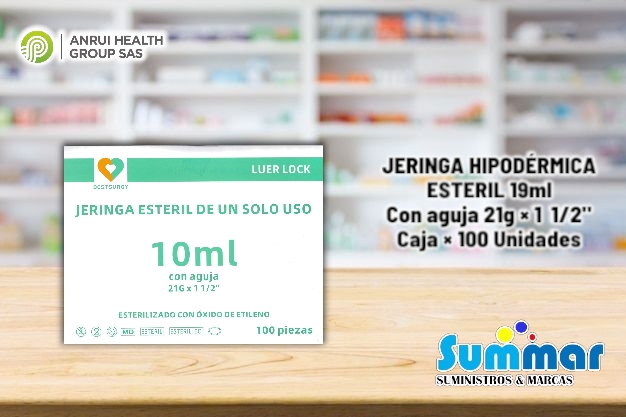 Jeringa Hipodérmica Estéril 10ml con aguja 21G x 1 1/2 Caja x 100 Unidades BESTSURGY