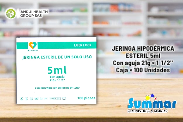 Jeringa Hipodérmica Estéril 5ml con aguja 21G x 1 1/2 Caja x 100 Unidades BESTSURGY
