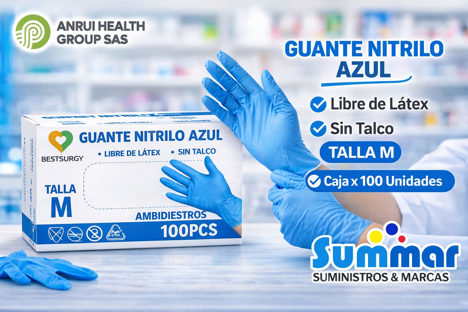 Guante Nitrilo Azul Sin Talco Talla M Caja x 100 Unidades BESTSURGY
