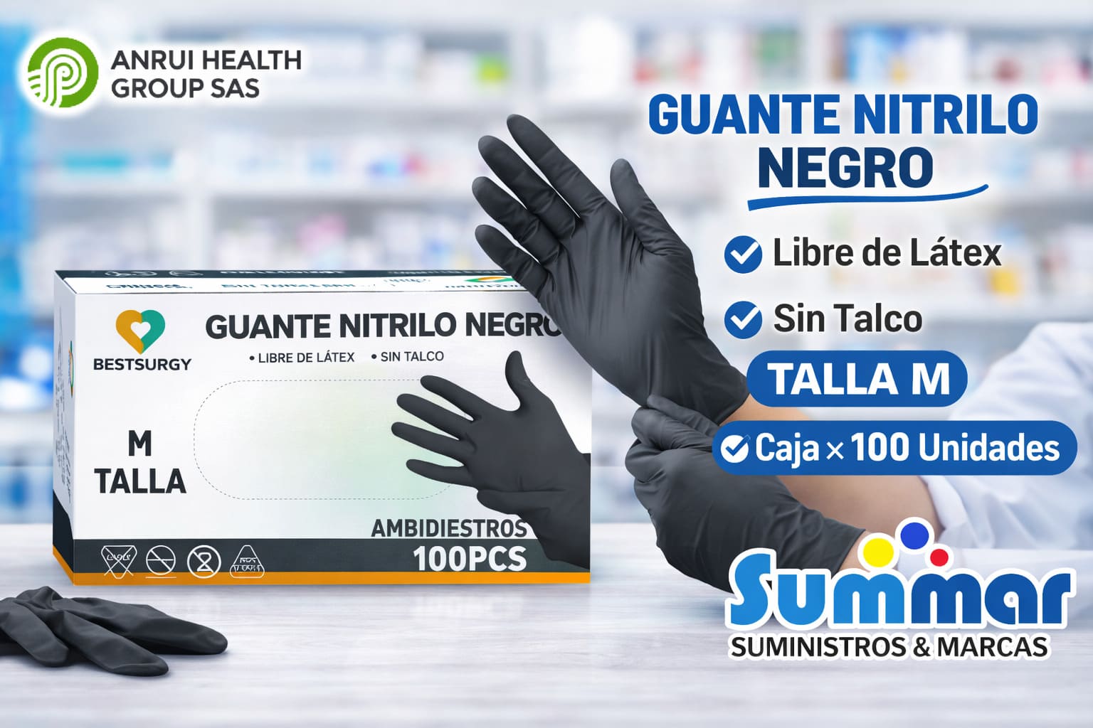 Guante Nitrilo Negro Sin Talco Talla M Caja x 100 Unidades BESTSURGY