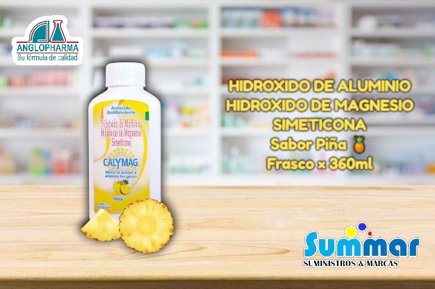 Calymag® Suspensión Piña Frasco x 360ml (Hidróxido de Aluminio Aluminio de Magnesio Simeticona) ANGLOPHARMA