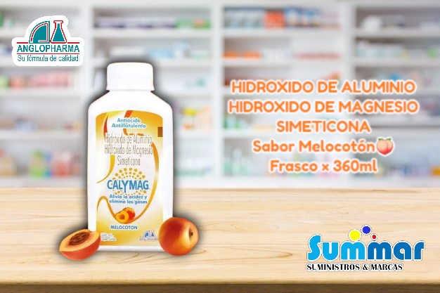 Calymag® Suspensión Melocotón Frasco x 360ml (Hidróxido de Aluminio Aluminio de Magnesio Simeticona) ANGLOPHARMA