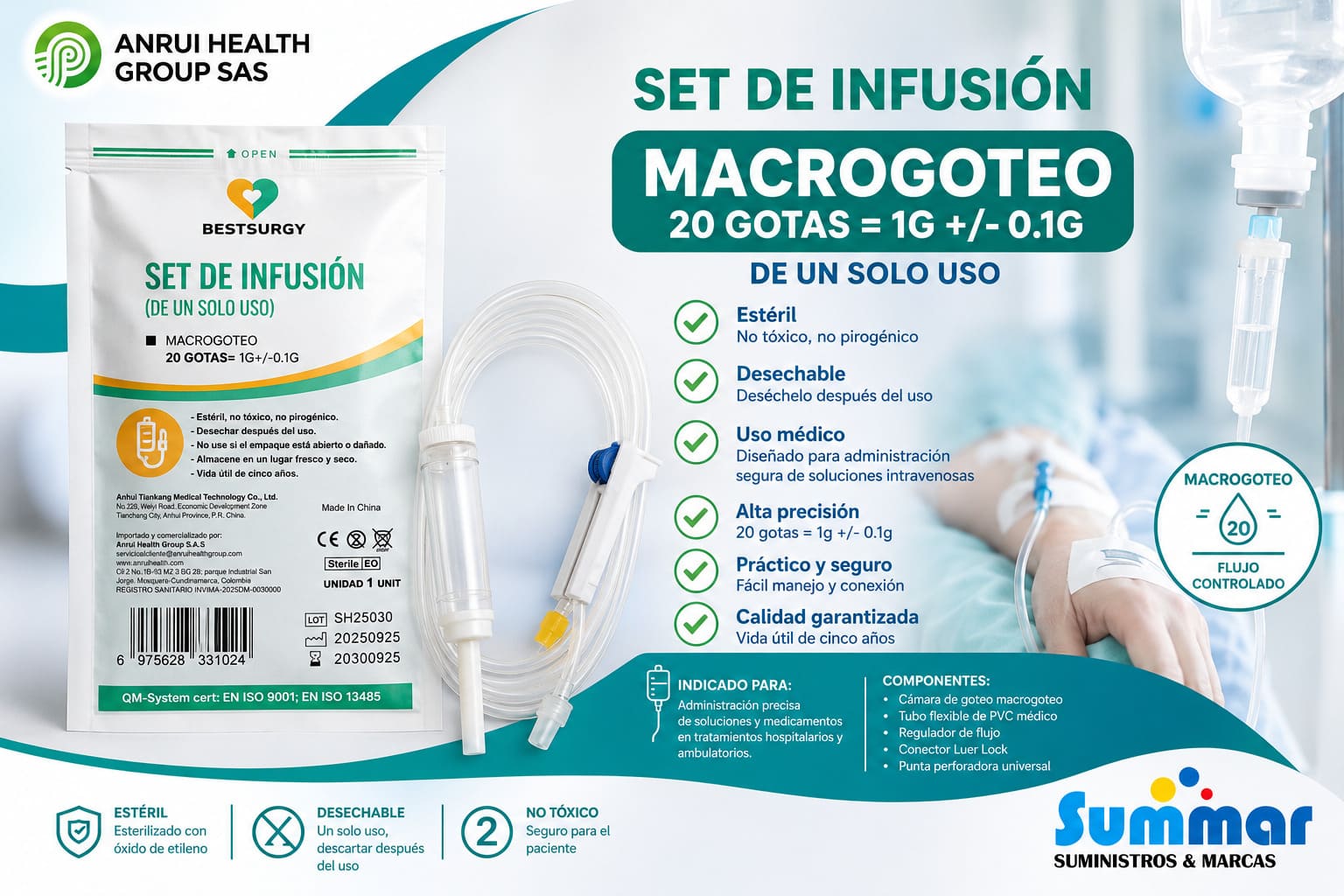 Set de Infusión Macrogoteo 20 Gotas (De un solo uso) BESTSURGY