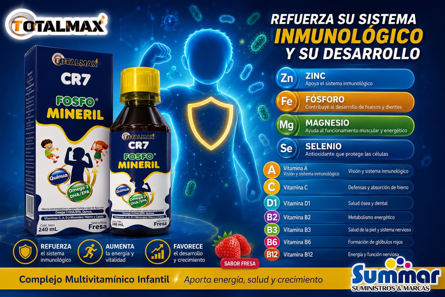 CR7 Fosfomineril Sabor Fresa Frasco 240ml (Zinc Fosforo Magnesio Selenio Vitaminas) TOTALMAX