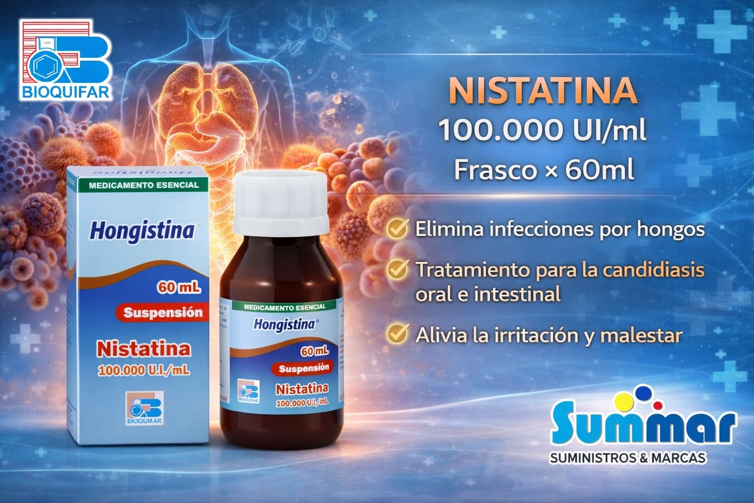 Hongistina 100.000 UI/ml Frasco x 60ml (Nistatina) BIOQUIFAR