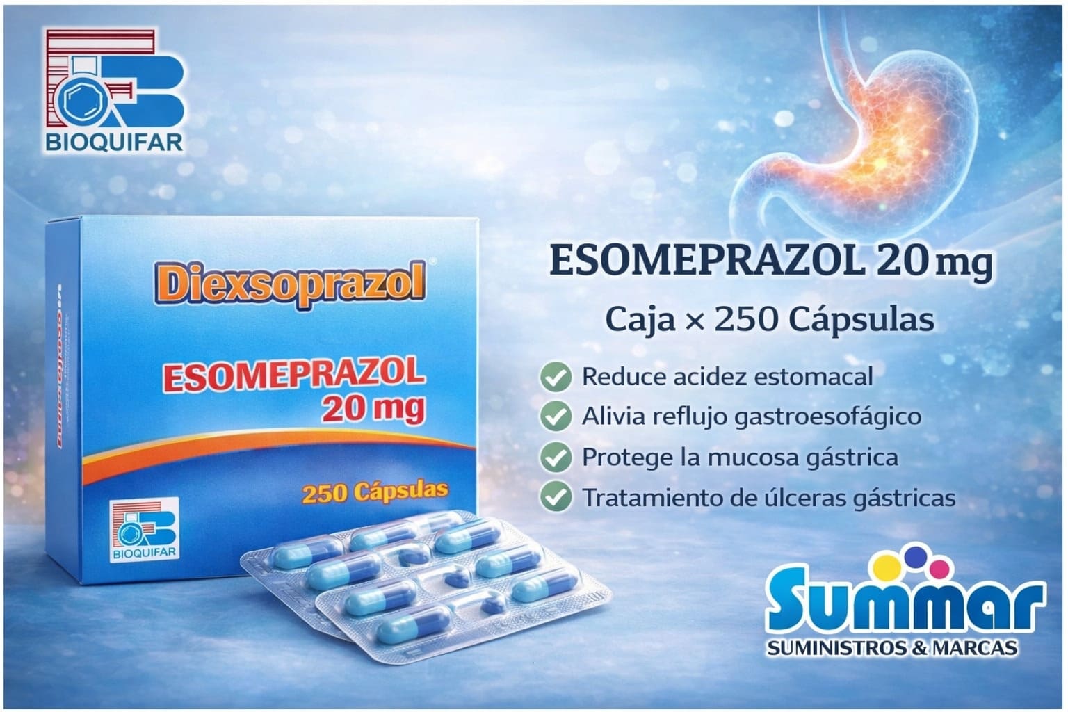 Diexsoprazol 20mg Caja x 250 Cápsulas (Esomeprazol) BIOQUIFAR