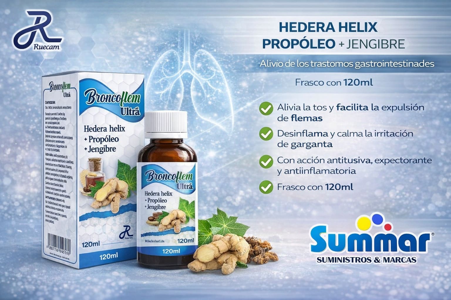 Broncoflem Ultra Frasco x 120ml (Hedera Helix + Propoleo + Jengibre) RUECAM