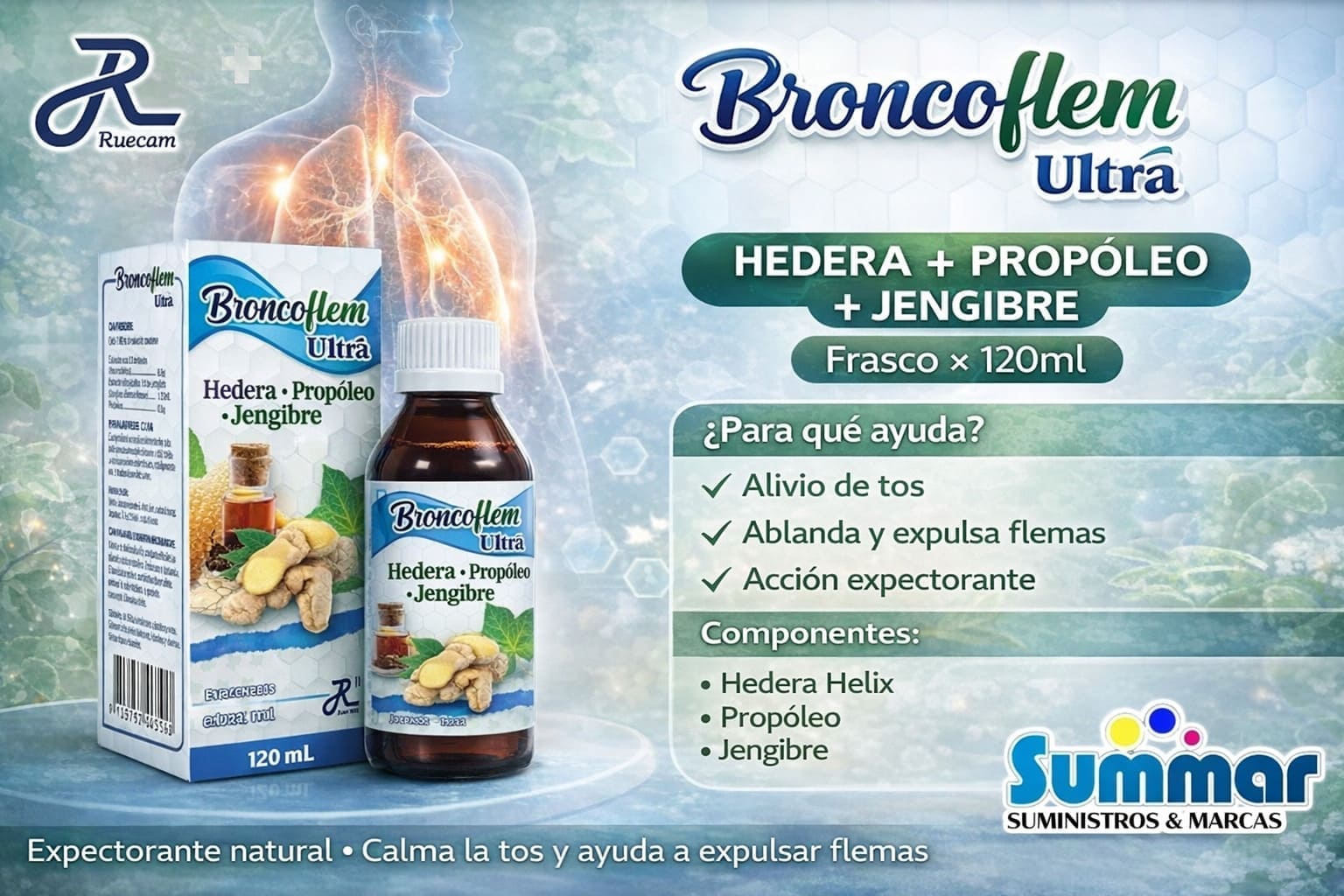 Broncoflem Ultra Frasco x 120ml (Hedera Helix + Propoleo + Jengibre) RUECAM