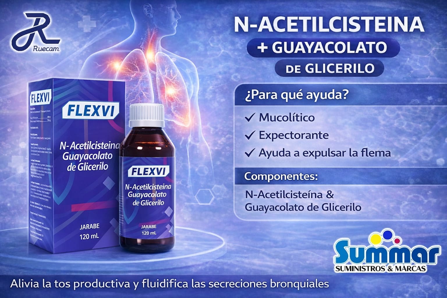 Flexvi Jarabe Frasco x 120ml (N-Acetilcisteina Guayacolato de Glicerilo) RUECAM