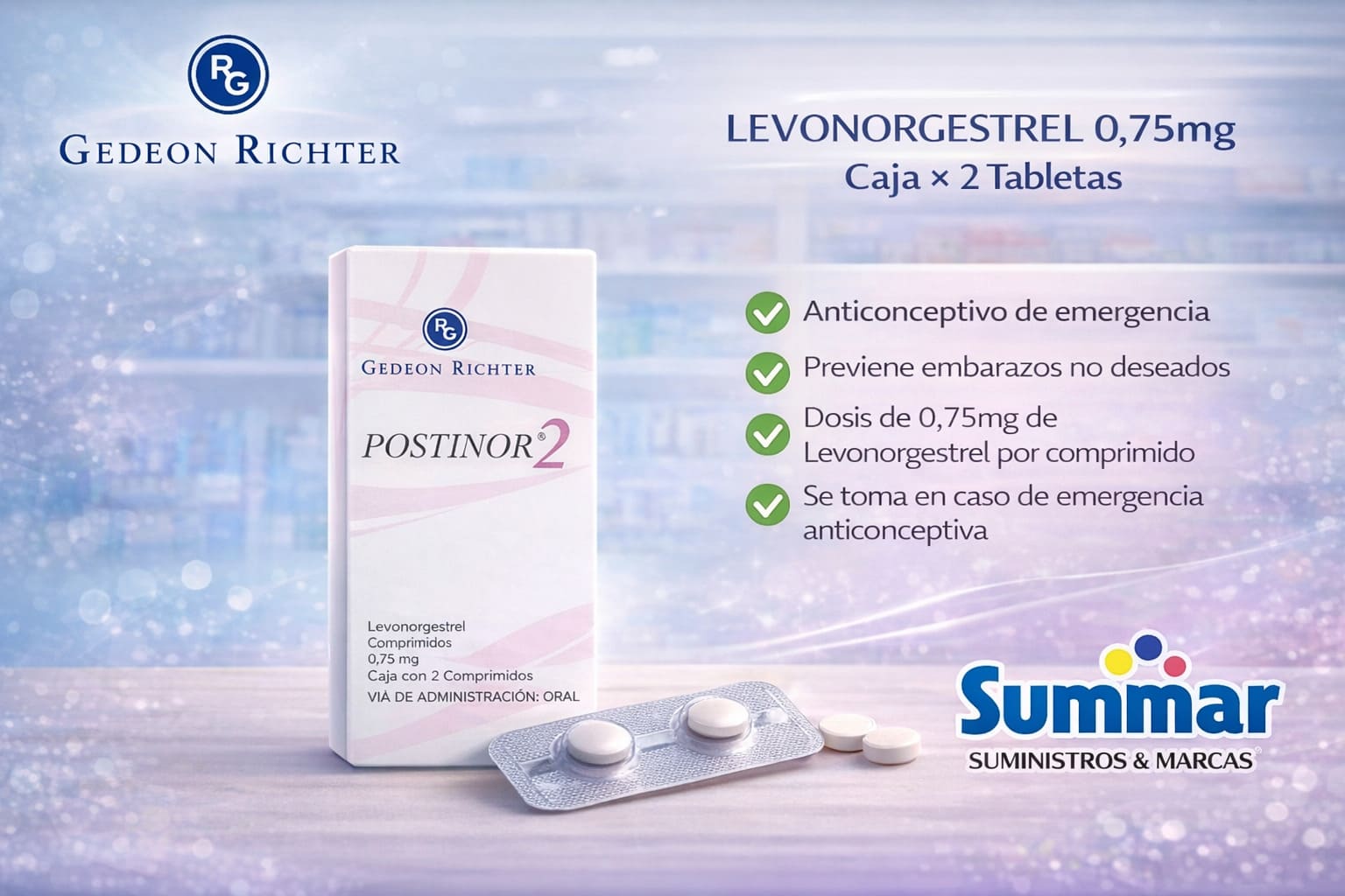 Postinor 2 Caja x 2 Tabletas (Levonorgetrel) GEDEON RICHTER