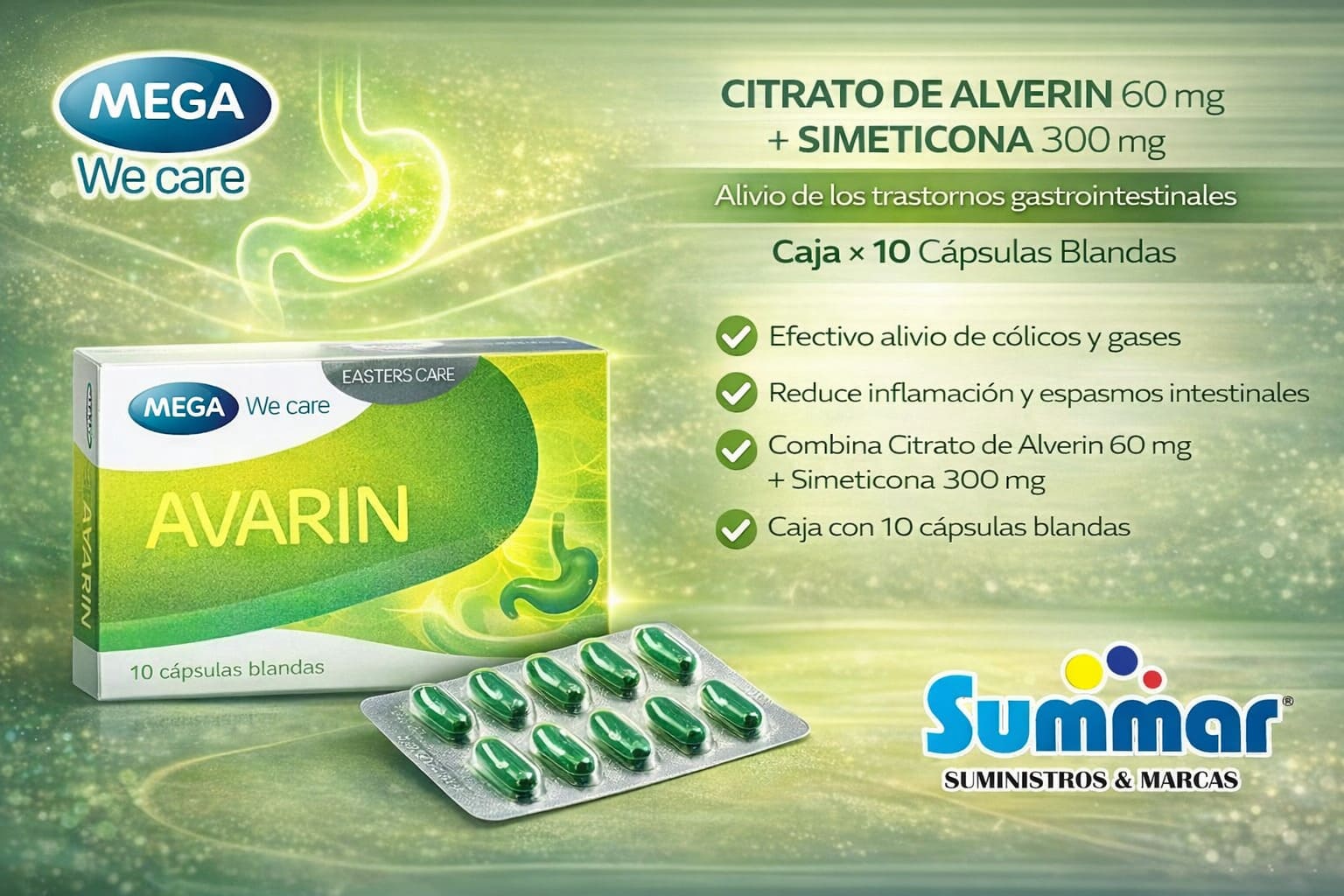 Avarin Caja x 10 Cápsulas Blandas (Simeticona + Citrato de Alverina) MEGA WE CARE