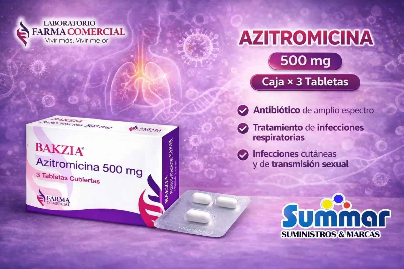 Bakzia® 500mg Caja x 3 Tabletas (Azitromicina) FARMA COMERCIAL