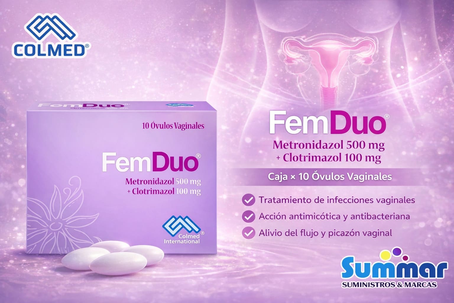 FemDuo® Caja x 10 Óvulos (Metronidazol Clotrimazol) COLMED