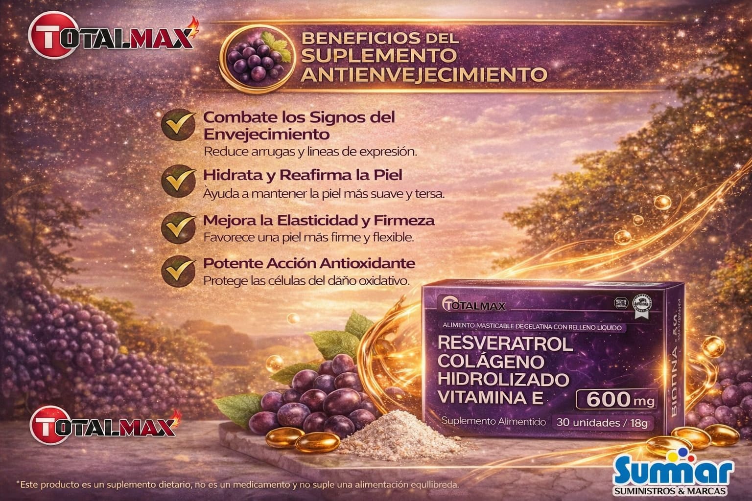 Resveratrol + Colágeno  Hidrolizado + Vitamina E 600 Caja 30 Softgel TOTALMAX