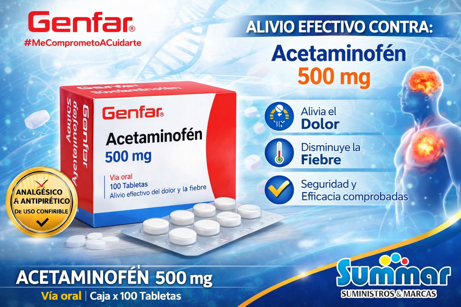 Acetaminofen 500mg Caja x 100 Tabletas GENFAR