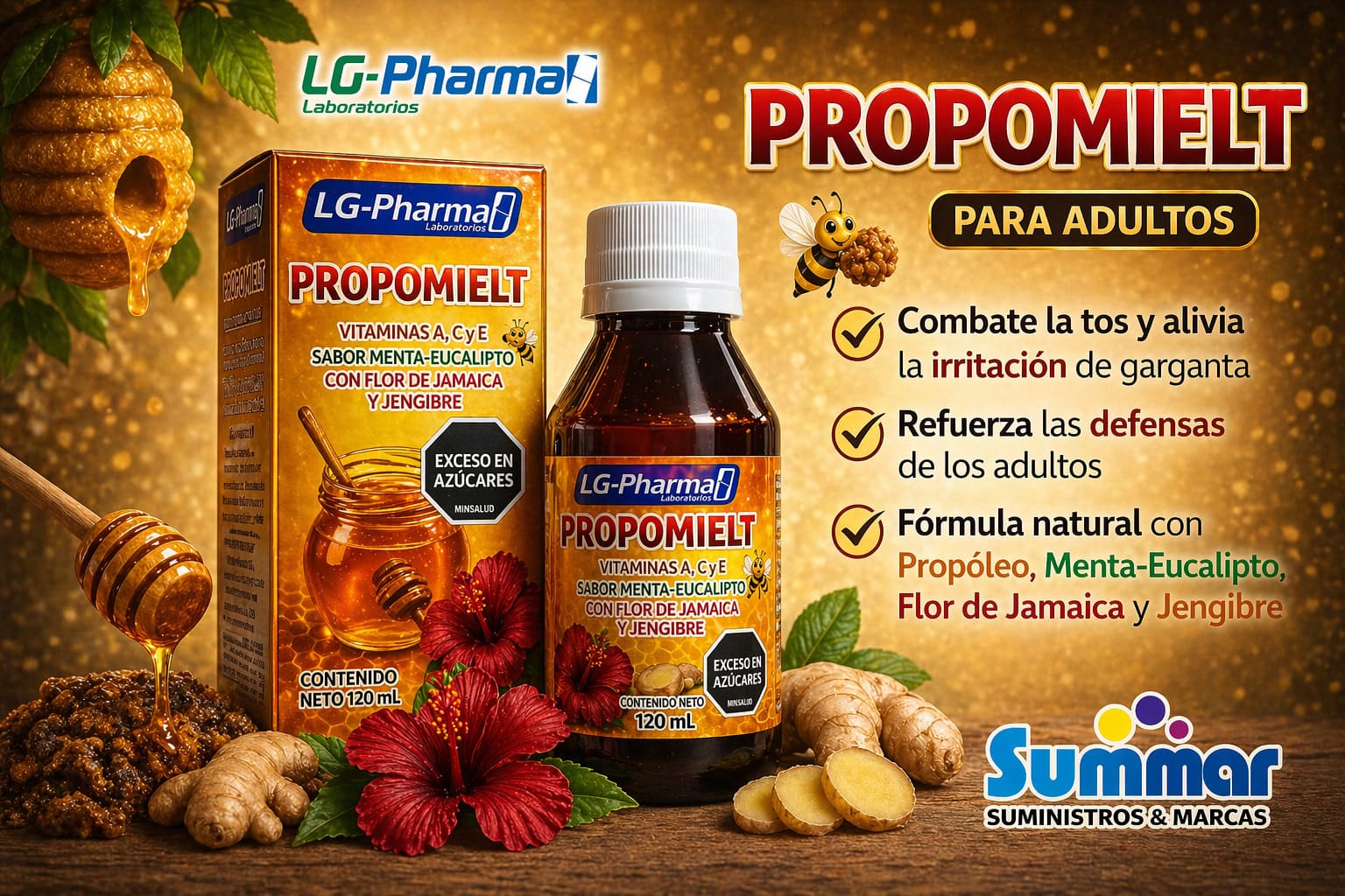 Propomielt  Frasco x 120ml (Vitamina A, C y E  Eucalipto con Flor de Jamaica y Jengibre) LG-PHARMA